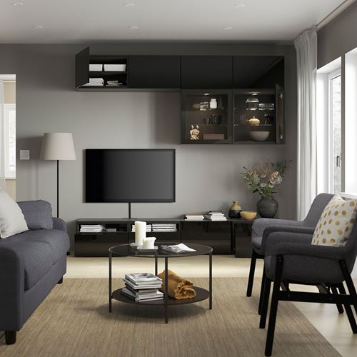 BESTÅ tv ünitesi, venge-parlak cila-siyah-şeffaf cam, 240x42x231 cm, SELSVIKEN/GLASSVIK, fren raylı