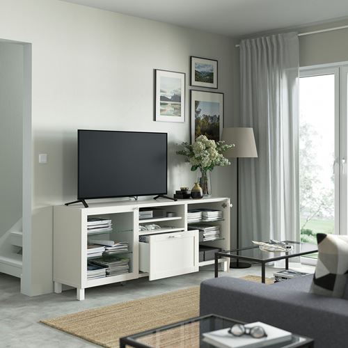 BESTÅ tv sehpası, beyaz-şeffaf cam, 180x42x74 cm, HANVIKEN/SINDVIK, çıt çıt raylı