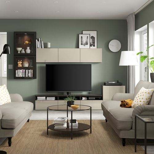 BESTÅ tv ünitesi, venge-parlak cila-bej-şeffaf cam, 300x42x211 cm, SELSVIKEN/GLASSVIK, çıt çıt raylı