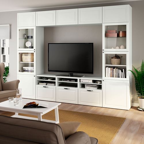 BESTÅ tv ünitesi, beyaz-şeffaf cam, 300x42x231 cm, SMEVIKEN/OSTVIK, çıt çıt raylı