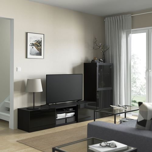 BESTÅ tv ünitesi, venge-parlak cila-siyah-füme cam, 240x42x129 cm, SELSVIKEN/GLASSVIK, fren raylı