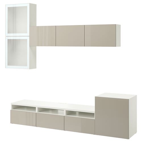 BESTÅ tv ünitesi, beyaz-parlak cila-bej, 300x42x211 cm, SELSVIKEN/GLASSVIK, fren raylı