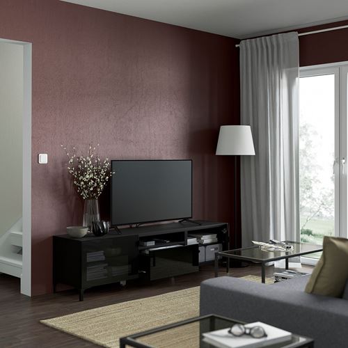 BESTÅ tv sehpası, venge-parlak cila-siyah-füme cam, 180x42x48 cm, SELSVIKEN/GLASSVIK, NANNARP