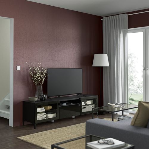 BESTÅ tv sehpası, venge-parlak cila-siyah-şeffaf cam, 180x42x48 cm, SELSVIKEN/GLASSVIK, NANNARP
