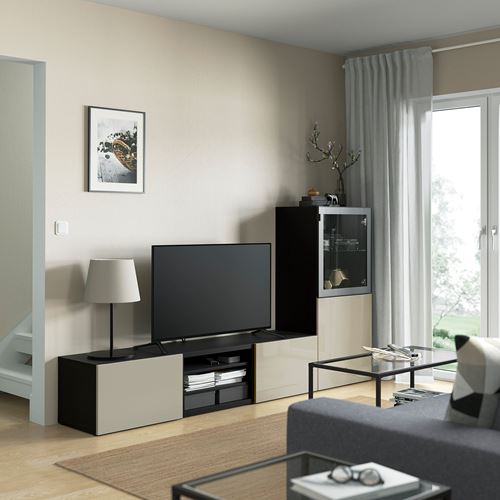 BESTÅ tv ünitesi, venge-parlak cila-bej-şeffaf cam, 240x42x129 cm, SELSVIKEN/GLASSVIK, çıt çıt raylı