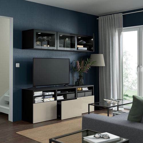 BESTÅ tv ünitesi, venge-parlak cila-bej-şeffaf cam, 180x42x192 cm, SELSVIKEN/GLASSVIK, fren raylı