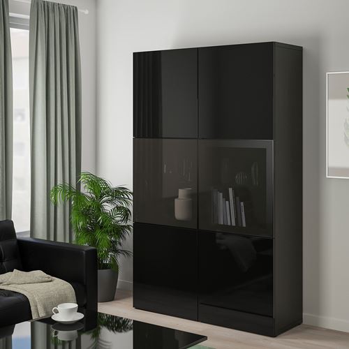 BESTÅ dolap kombinasyonu, venge-parlak cila-siyah-füme cam, 120x42x193 cm, SELSVIKEN/GLASSVIK