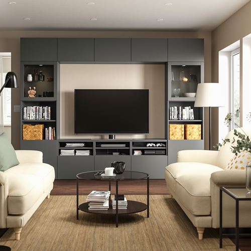 BESTÅ tv ünitesi, koyu gri, 300x42x231 cm, LAPPVIKEN/SINDVIK, çıt çıt raylı