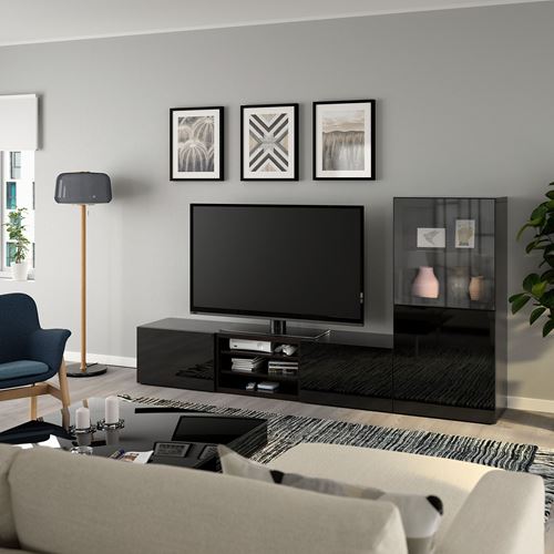 BESTÅ tv ünitesi, venge-siyah-şeffaf cam, 240x42x129 cm, SELSVIKEN/GLASSVIK, çıt çıt raylı