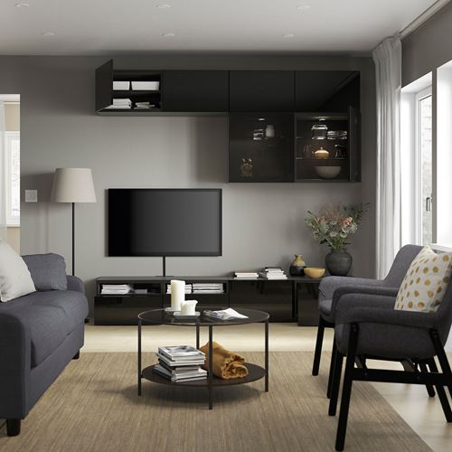 BESTÅ tv ünitesi, venge-parlak cila-siyah-füme cam, 240x42x231 cm, SELSVIKEN/GLASSVIK, fren raylı