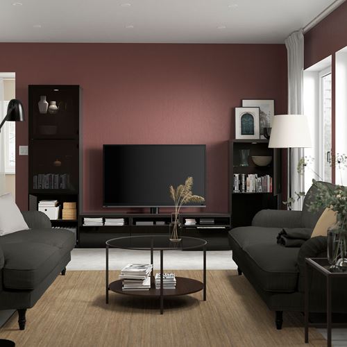 BESTÅ tv ünitesi, venge-parlak cila-siyah-füme cam, 300x42x193 cm, SELSVIKEN/GLASSVIK