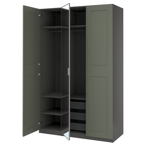 PAX/KAMMARTORP/GRIMO PAX gardırop, koyu gri-gri yeşil-aynalı cam, 150x60x236 cm