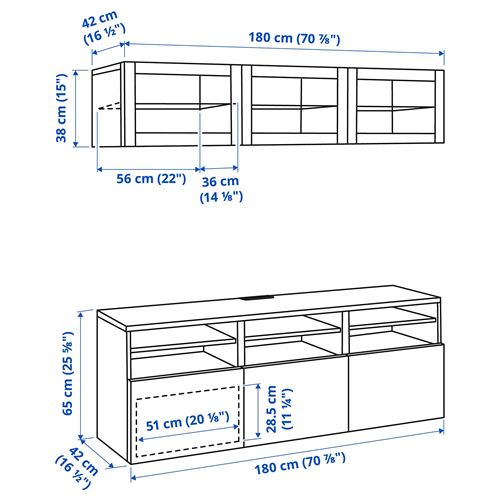 BESTÅ tv ünitesi, beyaz-parlak cila beyaz, 180x42x192 cm, SELSVIKEN/GLASSVIK, fren raylı
