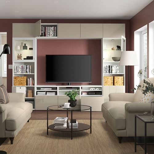 BESTÅ tv ünitesi, beyaz-parlak cila-bej, 300x42x231 cm, SELSVIKEN/GLASSVIK, çıt çıt raylı