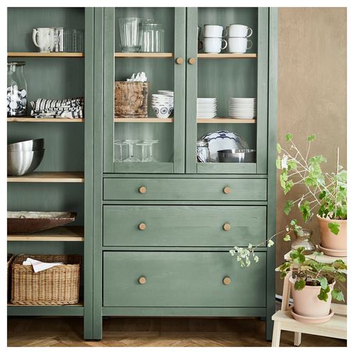 HEMNES vitrin, gri-yeşil-açık kahverengi boyalı, 180x197 cm