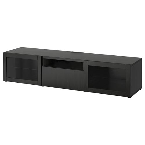 BESTÅ tv sehpası, venge-siyah-kahverengi-şeffaf cam, 180x42x39 cm, LAPPVIKEN/SINDVIK, çıt çıt raylı