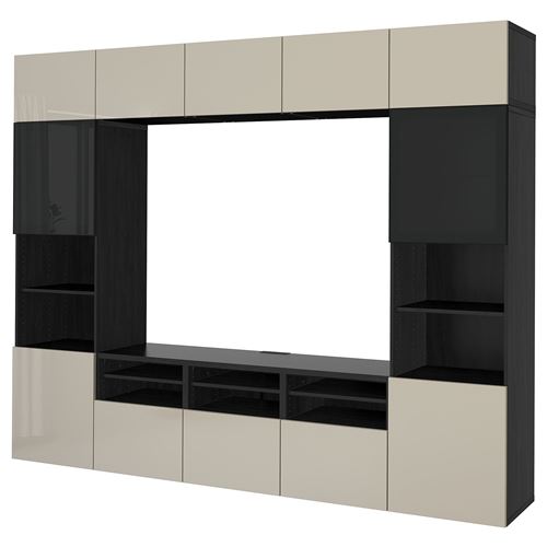 BESTÅ tv ünitesi, venge-parlak cila-bej-füme cam, 300x42x231 cm, SELSVIKEN/GLASSVIK, fren raylı