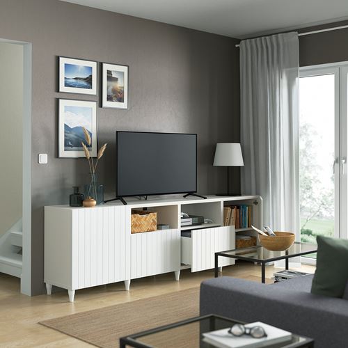 BESTÅ tv sehpası, beyaz, 240x42x74 cm, SUTTERVIKEN, çıt çıt raylı