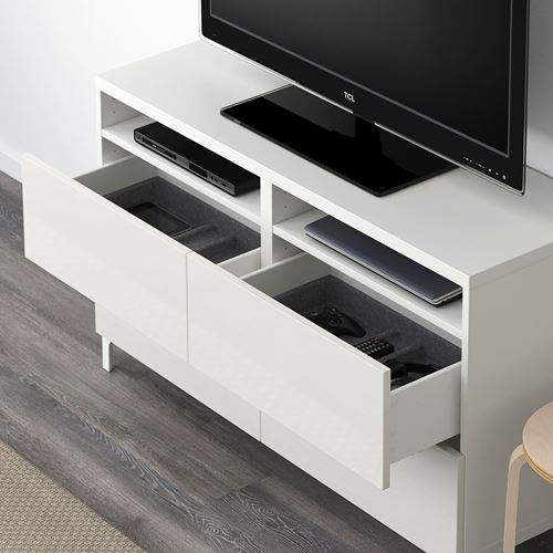 BESTÅ tv sehpası, parlak cila-beyaz, 120x40x74 cm, SELSVIKEN, fren raylı