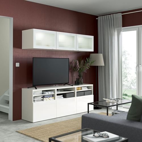 BESTÅ tv ünitesi, beyaz-parlak cila beyaz, 180x42x192 cm, SELSVIKEN/GLASSVIK, çıt çıt raylı