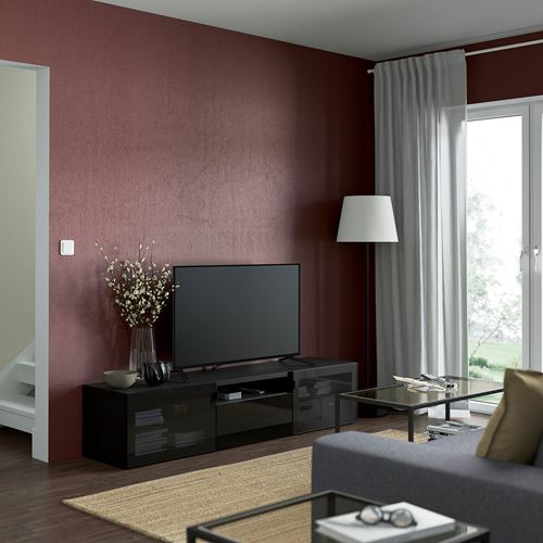 BESTÅ tv sehpası, venge-parlak cila-siyah-füme cam, 180x42x39 cm, SELSVIKEN/GLASSVIK