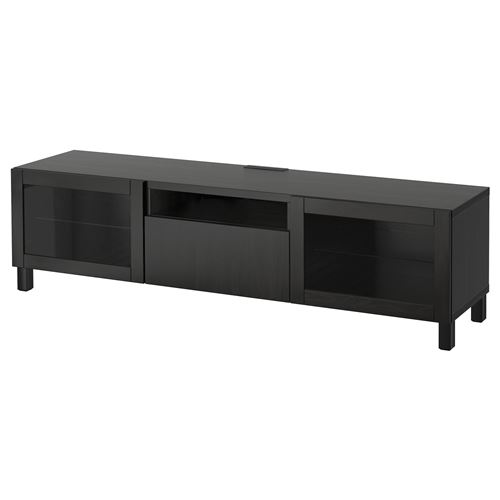 BESTÅ tv sehpası, venge-siyah-kahverengi-şeffaf cam, 180x42x48 cm, LAPPVIKEN/SINDVIK, çıt çıt raylı