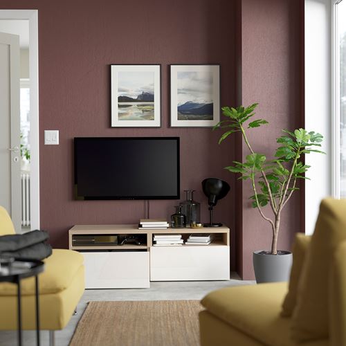 BESTÅ tv sehpası, ağartılmış meşe görünümlü-parlak cila-beyaz, 120x42x39 cm, SELSVIKEN, fren raylı