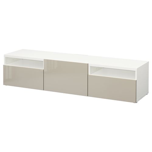 BESTÅ tv sehpası, beyaz-parlak cila-bej, 180x42x39 cm, SELSVIKEN, çıt çıt raylı