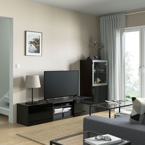 BESTÅ tv ünitesi, venge-siyah-şeffaf cam, 240x42x129 cm, SELSVIKEN/GLASSVIK, fren raylı