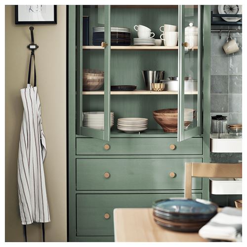 HEMNES vitrin, gri-yeşil-açık kahverengi, 90x197 cm