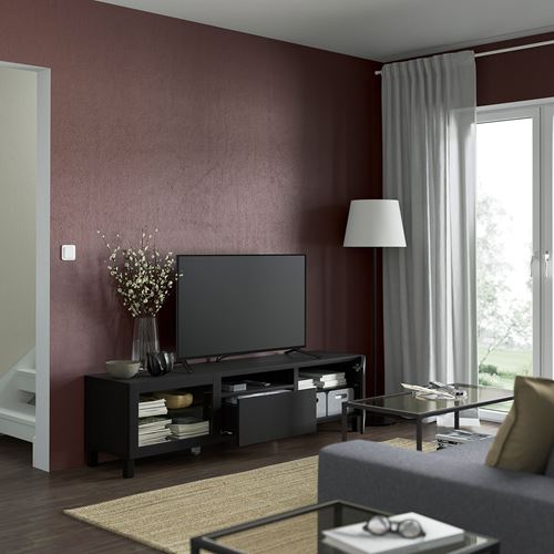 BESTÅ tv sehpası, venge-siyah-kahverengi-şeffaf cam, 180x42x48 cm, LAPPVIKEN/SINDVIK, çıt çıt raylı