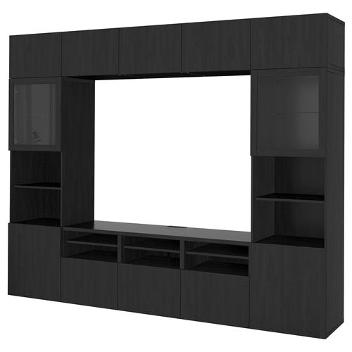 BESTÅ tv ünitesi, venge-siyah-kahverengi-şeffaf cam, 300x42x231 cm, LAPPVIKEN/SINDVIK, fren raylı