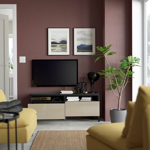 BESTÅ tv sehpası, venge-parlak cila-bej, 120x42x48 cm, SELSVIKEN, çıt çıt raylı