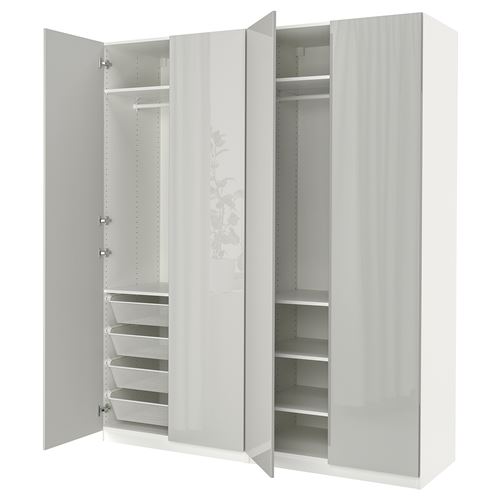PAX/FARDAL PAX gardırop, beyaz-parlak cila açık gri, 200x60x236 cm