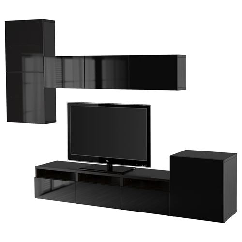 BESTÅ tv ünitesi, venge-parlak cila-siyah-füme cam, 300x42x211 cm, SELSVIKEN/GLASSVIK, çıt çıt raylı