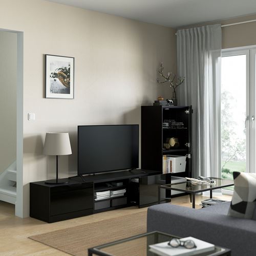 BESTÅ tv ünitesi, venge-parlak cila-siyah-füme cam, 240x42x129 cm, SELSVIKEN/GLASSVIK, fren raylı