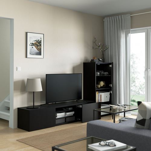 BESTÅ tv ünitesi, venge-siyah-kahverengi-şeffaf cam, 240x42x129 cm, LAPPVIKEN/SINDVIK, fren raylı