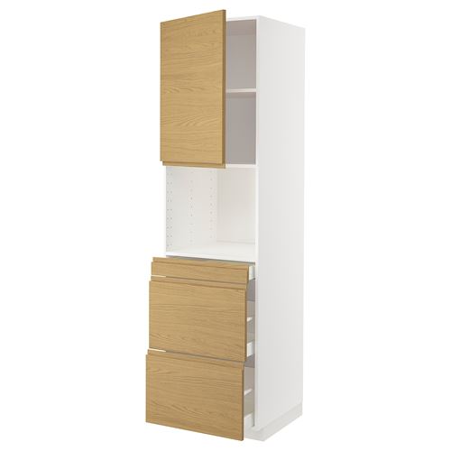 METOD/MAXIMERA mikrodalga fırın boy dolabı, VOXTORP meşe görünümlü, 60x60x220 cm, 1 kapaklı, 3 çekmeceli ve 2 raflı