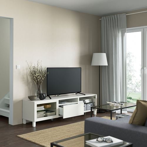 BESTÅ tv sehpası, beyaz-şeffaf cam, 180x42x48 cm, LAPPVIKEN/SINDVIK, çıt çıt raylı