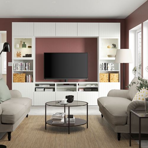 BESTÅ tv ünitesi, beyaz-şeffaf cam, 300x42x231 cm, SUTTERVIKEN/SINDVIK, fren raylı