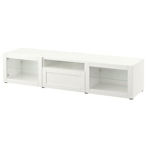BESTÅ tv sehpası, beyaz-şeffaf cam, 180x42x39 cm, HANVIKEN/SINDVIK, fren raylı