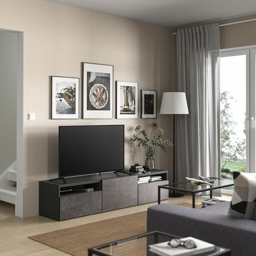 BESTÅ tv sehpası, koyu gri-koyu gri taş görünümlü, 180x42x39 cm, KALLVIKEN, çıt çıt raylı