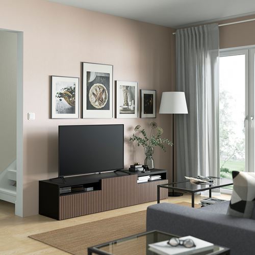 BESTÅ tv sehpası, venge-kahverengi meşe kaplama, 180x42x39 cm, BJORKOVIKEN, çıt çıt raylı