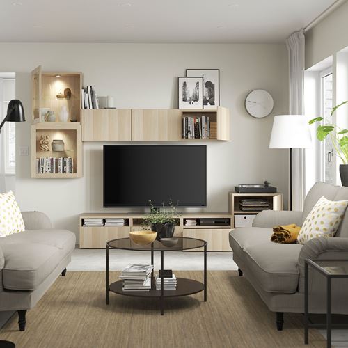 BESTÅ tv ünitesi, ağartılmış meşe görünümlü-beyaz meşe görünümlü-şeffaf cam, 300x42x211 cm, LAPPVIKEN/SINDVIK, çıt çıt raylı