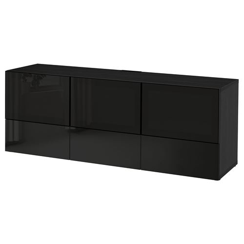 BESTÅ tv sehpası, venge-parlak cila-siyah-füme cam, 180x40x64 cm, SELSVIKEN/GLASSVIK, fren raylı