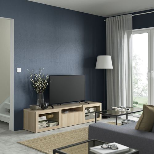 BESTÅ tv sehpası, ağartılmış meşe görünümlü-beyaz meşe görünümlü-şeffaf cam, 180x42x39 cm, LAPPVIKEN/SINDVIK, çıt çıt raylı