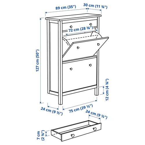 HEMNES ayakkabı dolabı, beyaz, 89x30x127 cm, 2 bölmeli