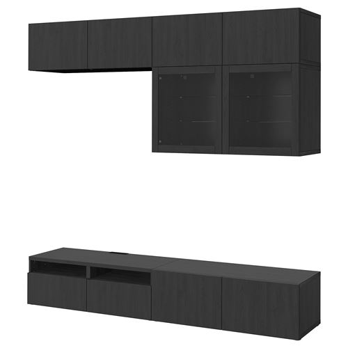 BESTÅ tv ünitesi, venge-siyah-kahverengi-şeffaf cam, 240x42x231 cm, LAPPVIKEN/SINDVIK, çıt çıt raylı