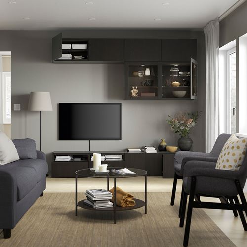 BESTÅ tv ünitesi, venge-siyah-kahverengi-şeffaf cam, 240x42x231 cm, LAPPVIKEN/SINDVIK, çıt çıt raylı