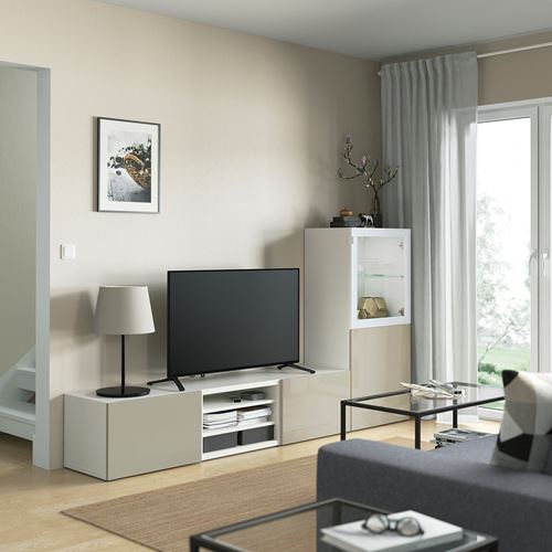 BESTÅ tv ünitesi, beyaz-parlak cila-bej, 240x42x129 cm, SELSVIKEN/GLASSVIK, çıt çıt raylı